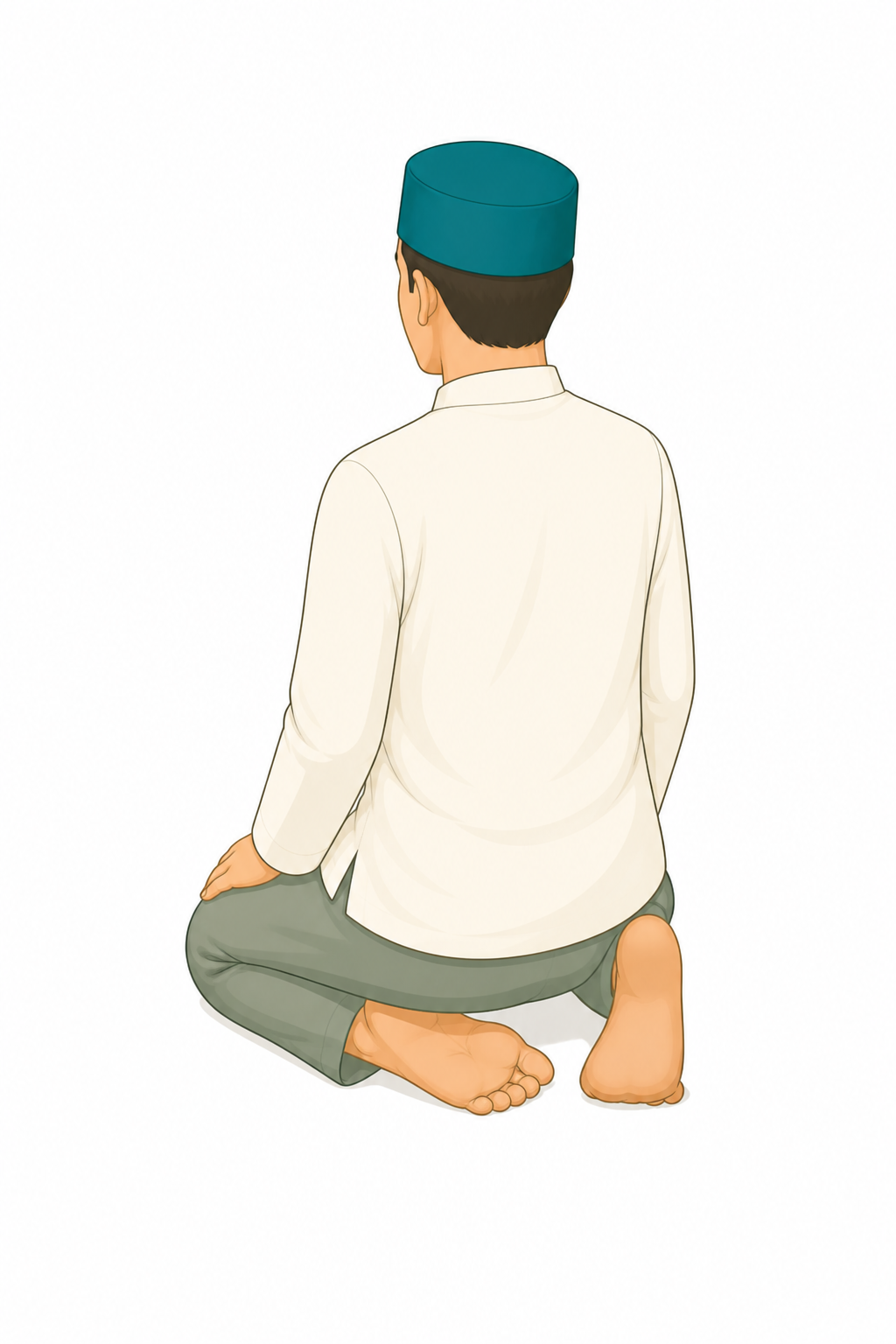 Orang duduk iftirasy: pantat di kaki kiri yang terlipat, kaki kanan tegak dengan ujung jari ke kiblat.