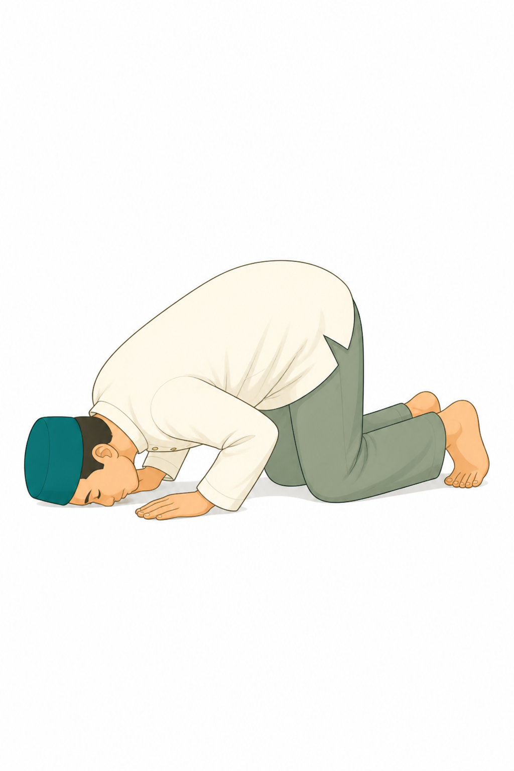 Orang sujud: dahi, hidung, dua telapak, dua lutut, dan dua ujung kaki menempel di lantai.