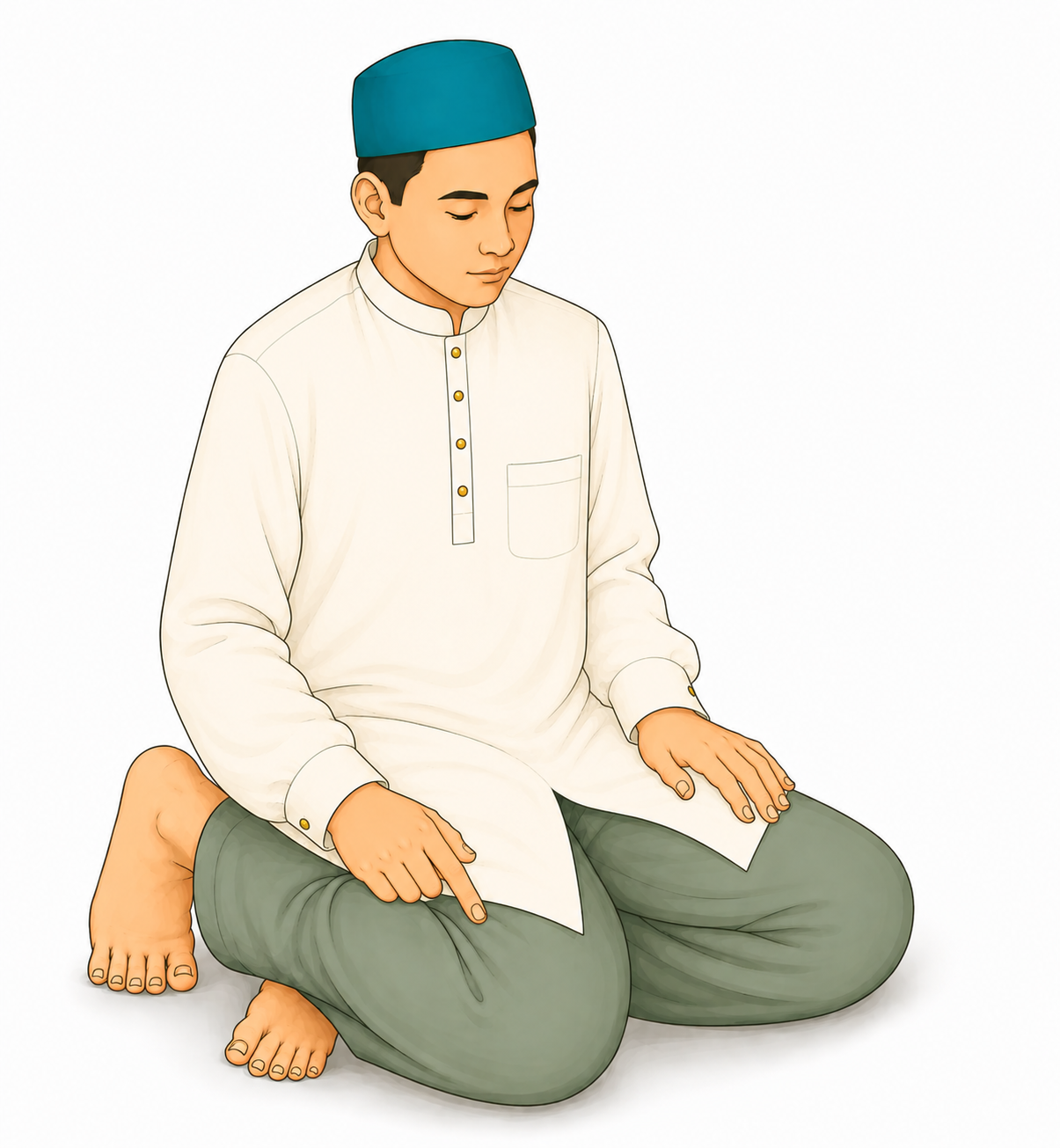 Orang duduk tawarruk di lantai, kaki kiri terselip di bawah kanan, telunjuk kanan lurus, jari kanan lain tertekuk.