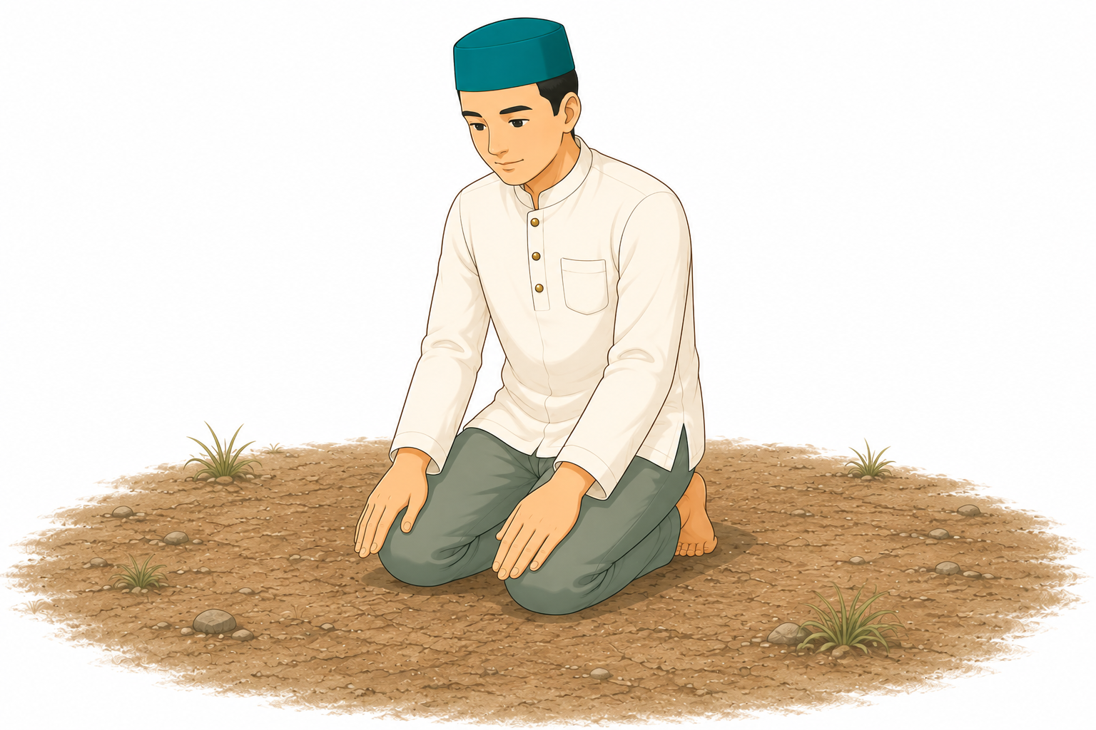Orang duduk siap di depan tanah berdebu.