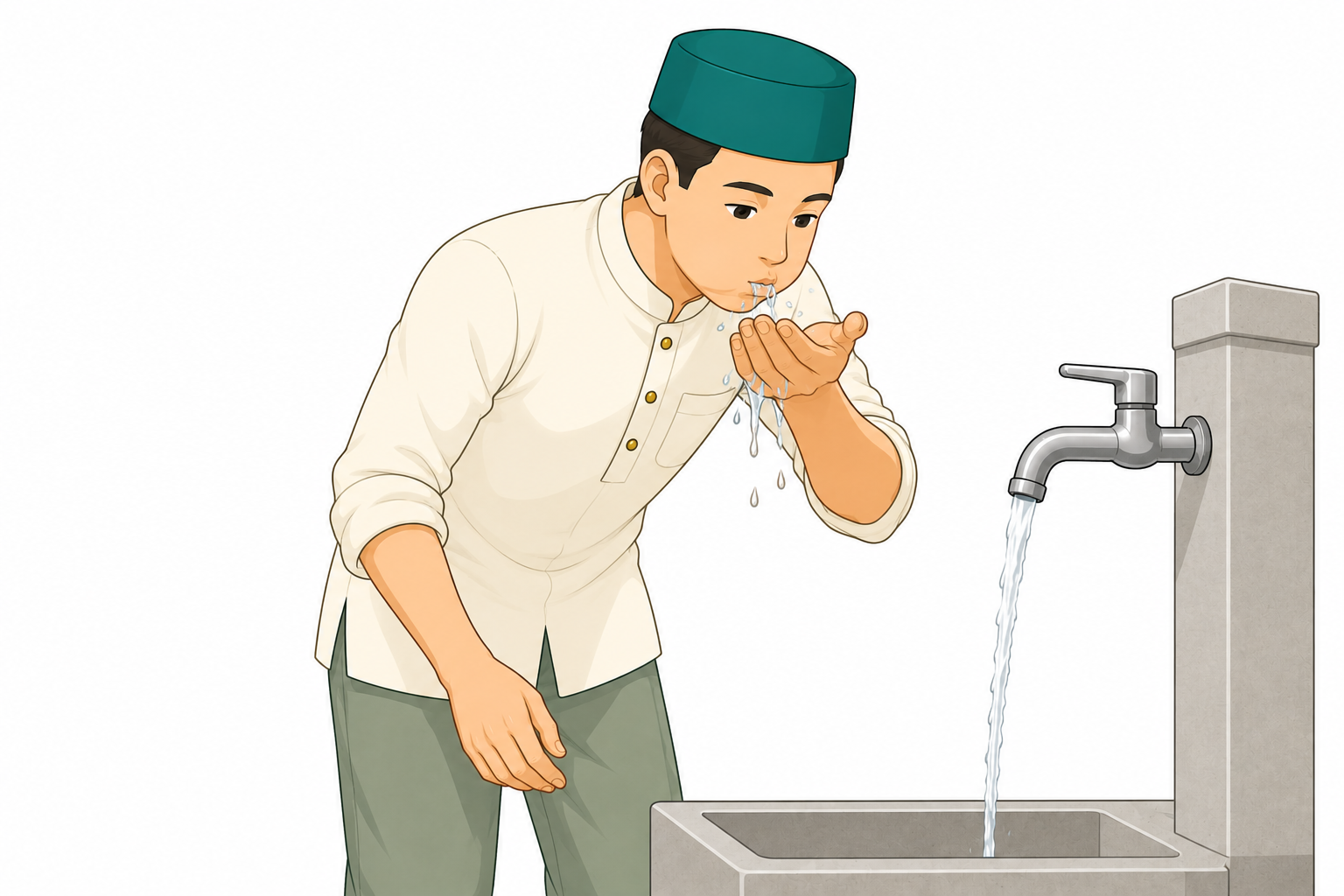 Orang berkumur tiga kali lalu membersihkan hidung tiga kali.
