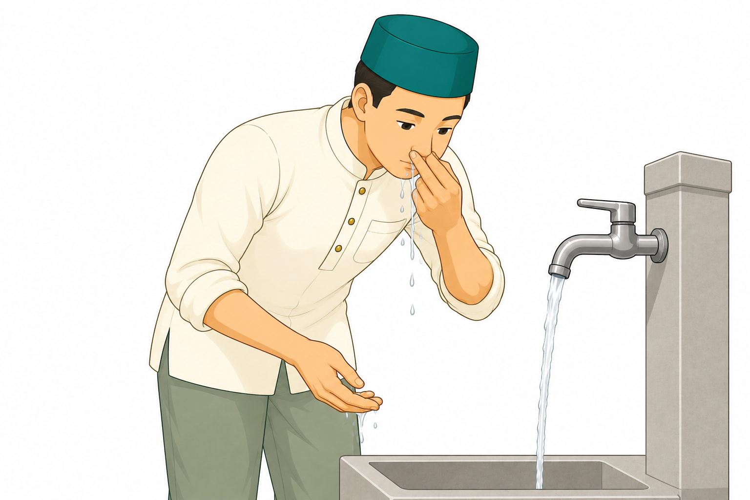 Orang mengisap air ke hidung lalu mengeluarkannya.